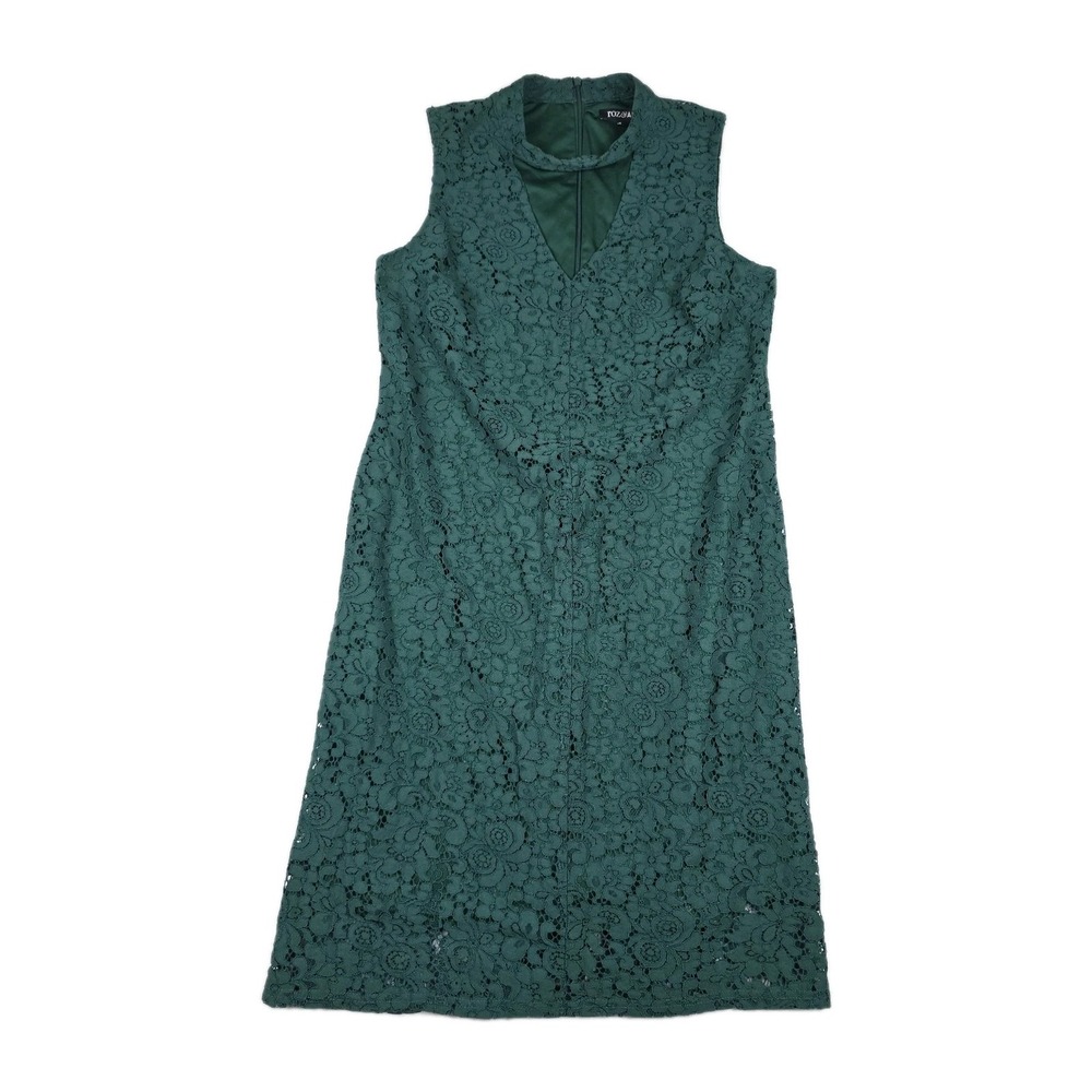 Roz & Ali Womens Forest Green Floral Lace Keyhole Mock Neck Sheath Dress Size 6